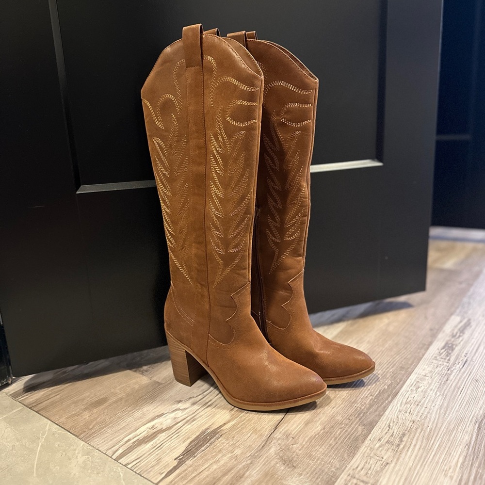 MIA Tan Brown Suede Western Heeled Knee-High Boots